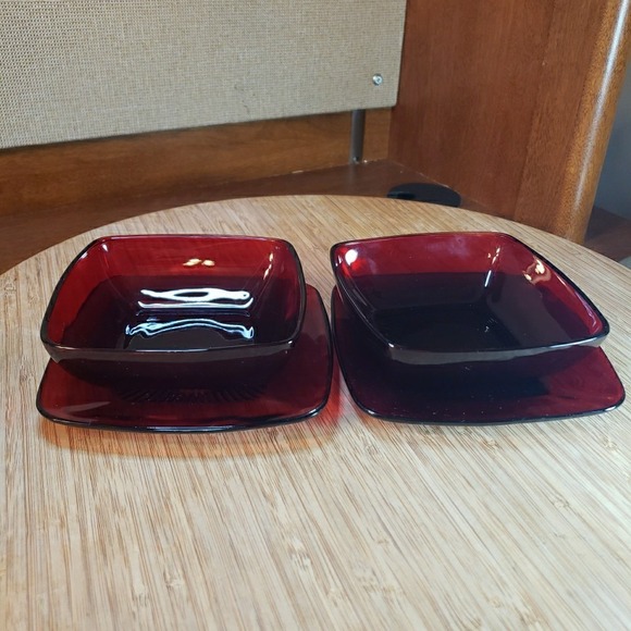 Lot Of 2 Anchor Hocking Dessert Bowl 4.75" & Saucer 5.25" Charm Ruby Red Square - Picture 2 of 7